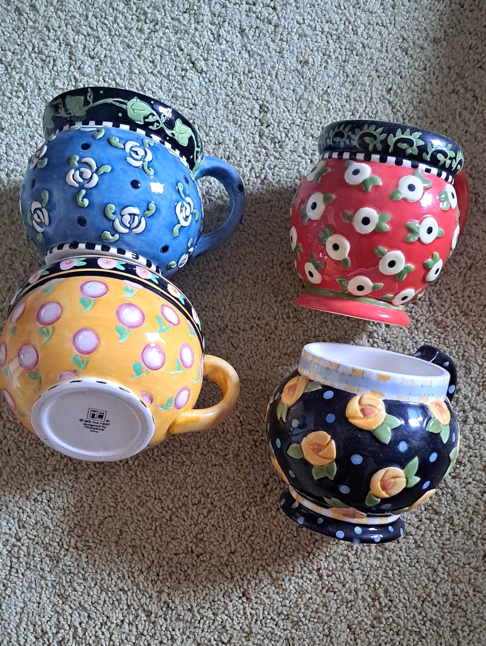 Mary Engelbreit Colorful Floral Ceramic Coffee Mugs - Blue, Red, Yellow, Black